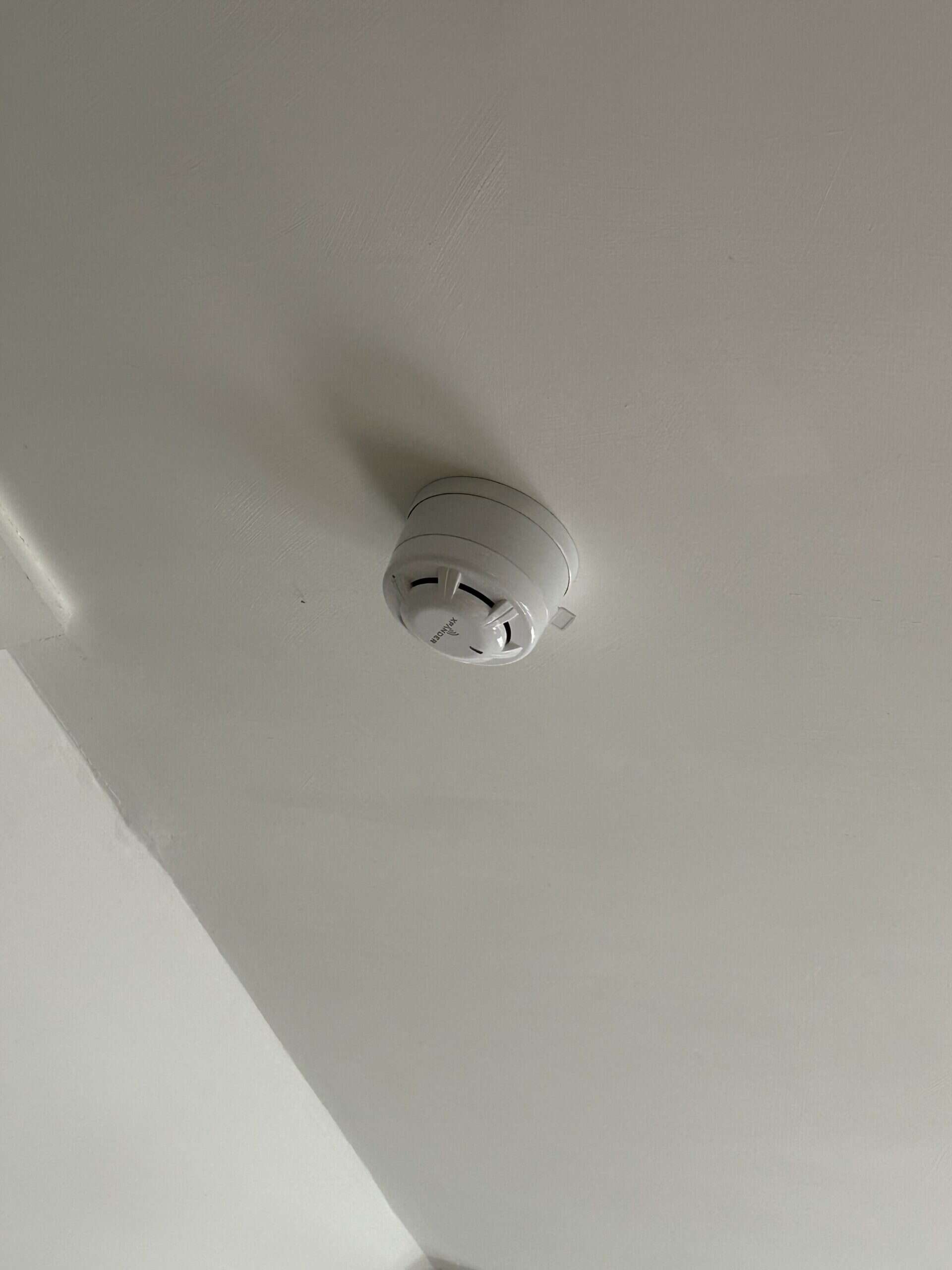 Ceiling-mounted smoke detector in a white room