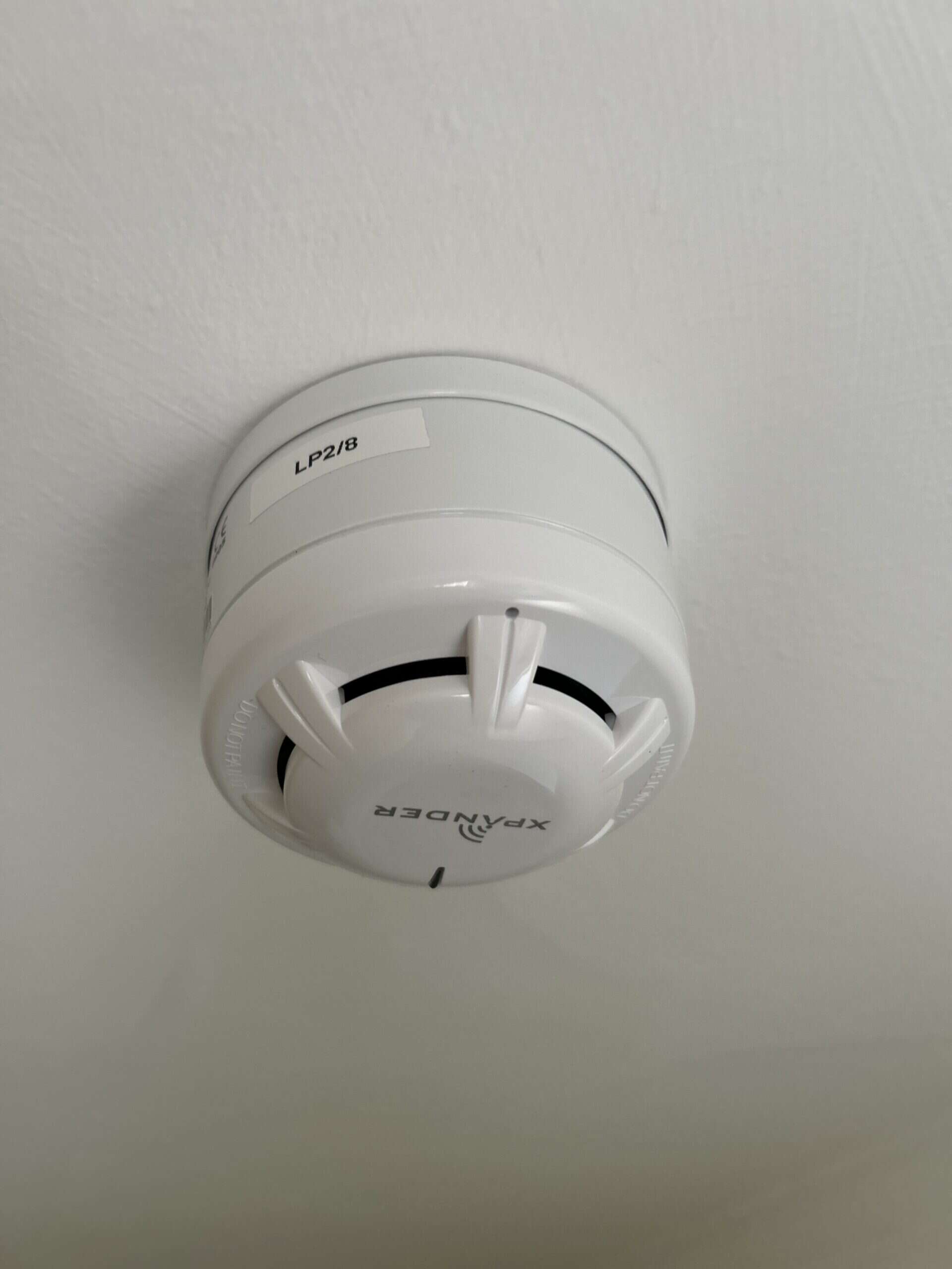 Smoke detector mounted on ceiling.