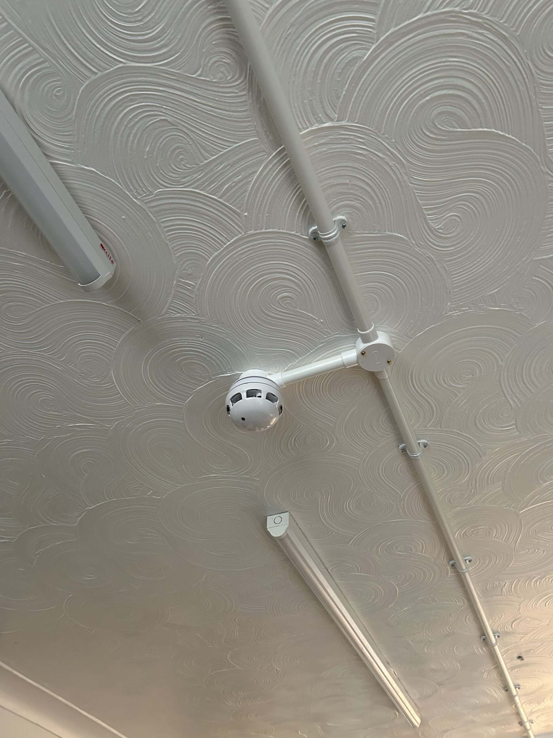 Ceiling with smoke detector and light fittings.
