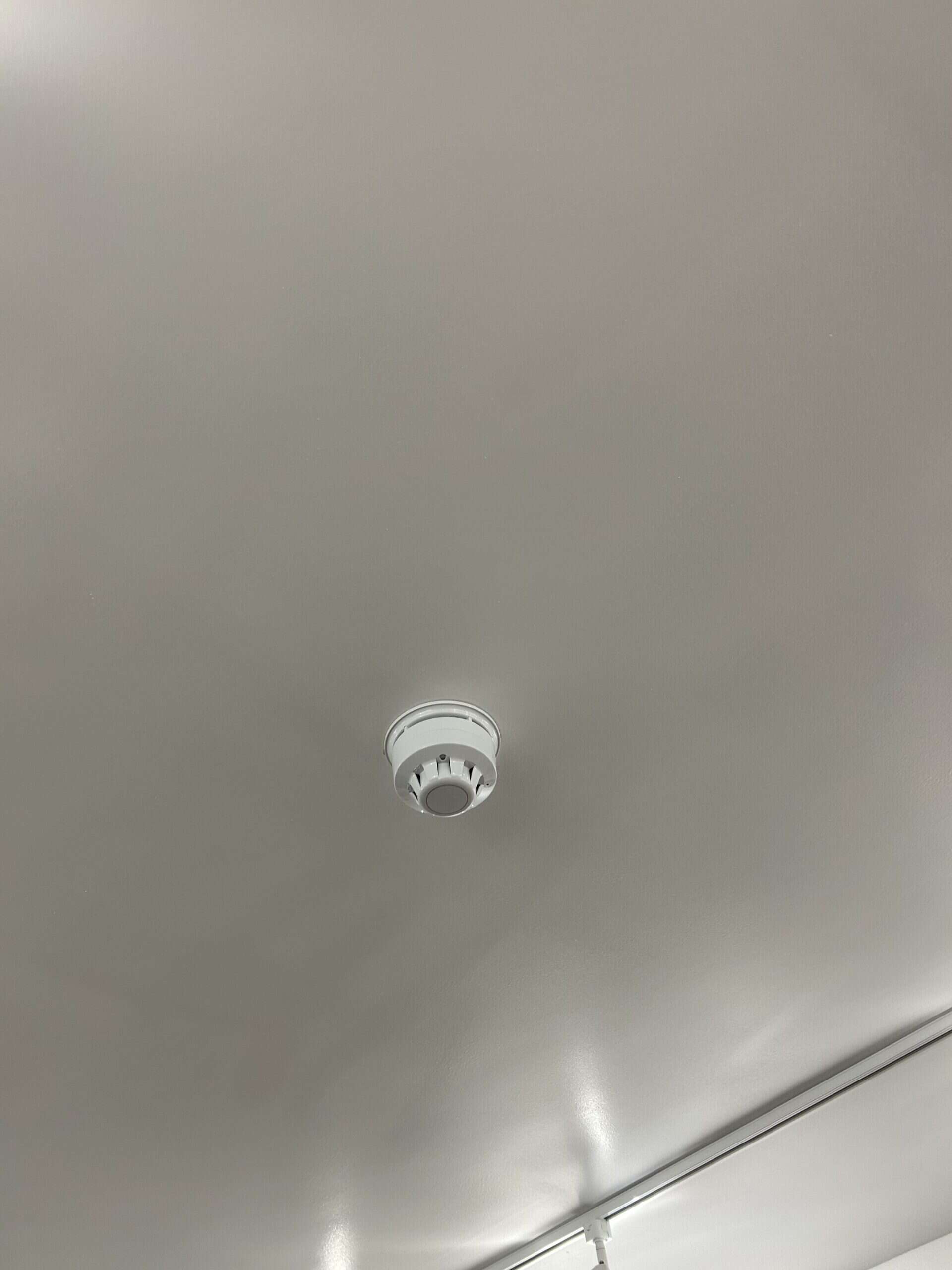 Ceiling-mounted smoke detector in a room.