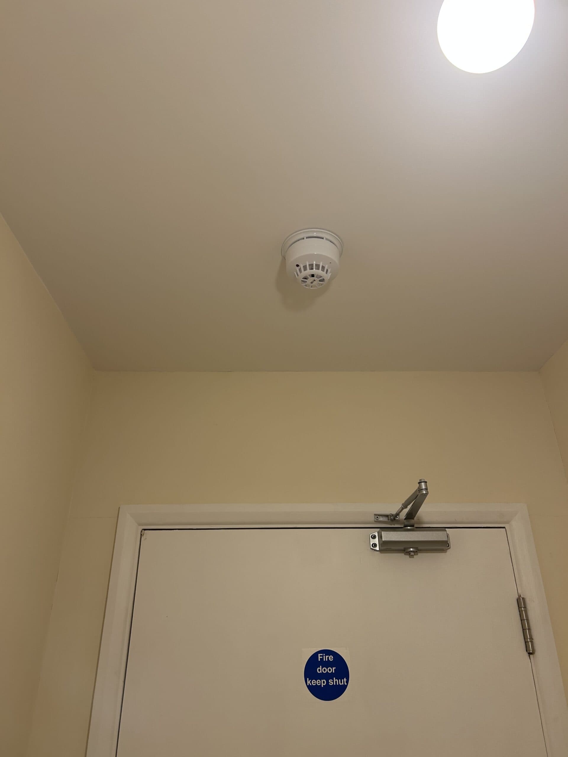 Ceiling with smoke detector and closed fire door.